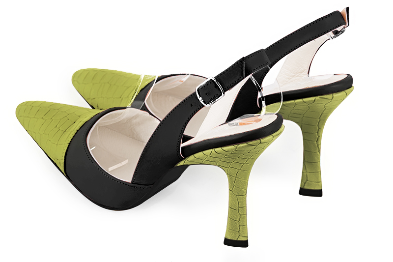 Pistachio green and satin black women's slingback shoes. Tapered toe. Very high spool heels. Rear view - Florence KOOIJMAN